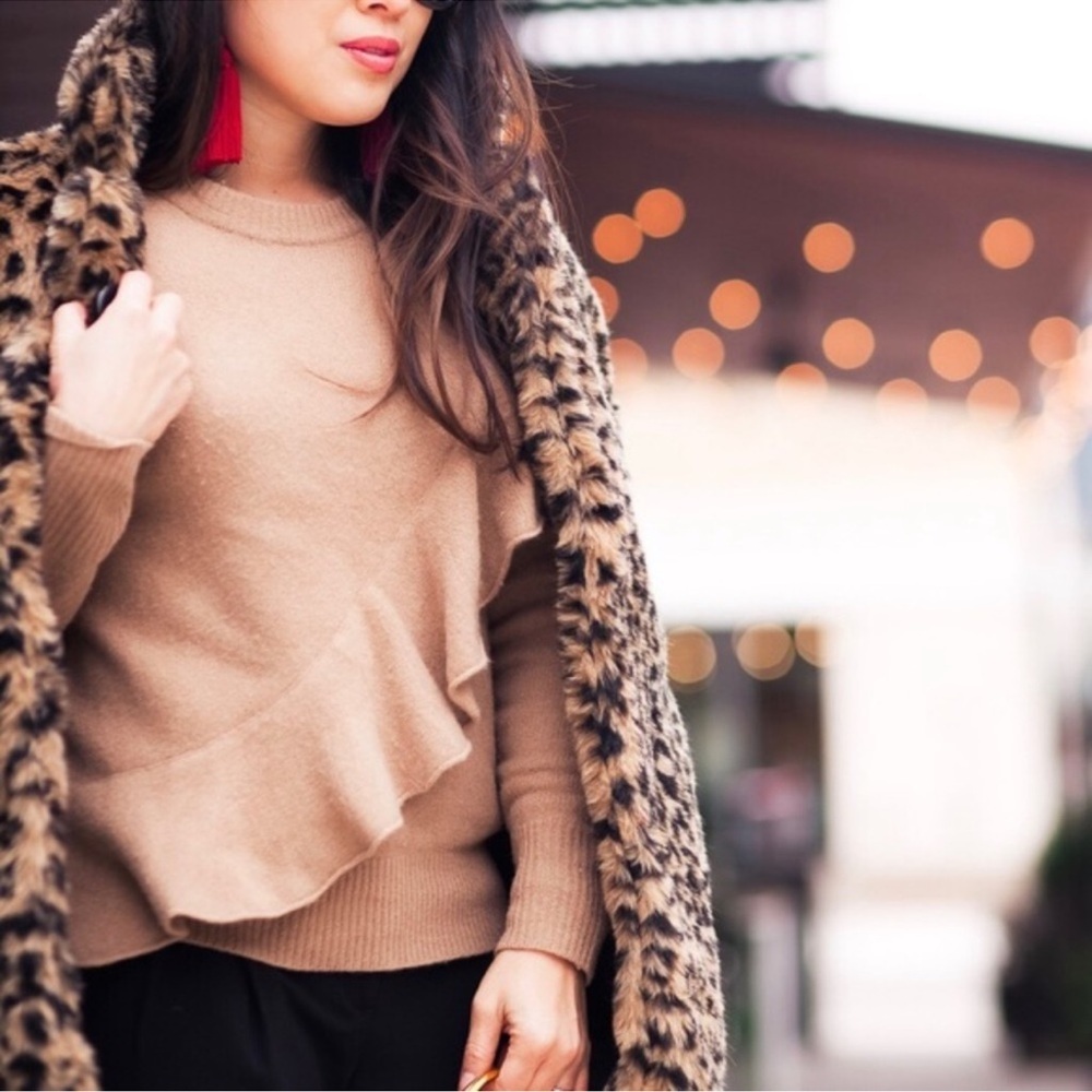 J. Crew Ruffle Crewneck Sweater 100% Merino Boiled Wool Brown Tan